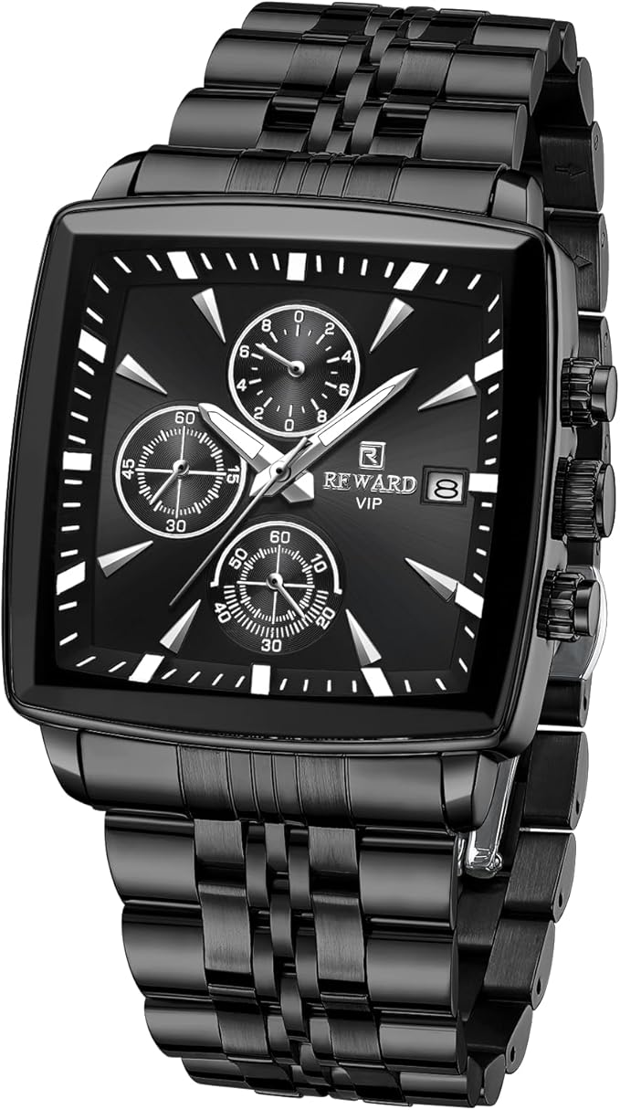 REWARD VIP Edition – Sleek Black Square Chronograph Watch with Date Display